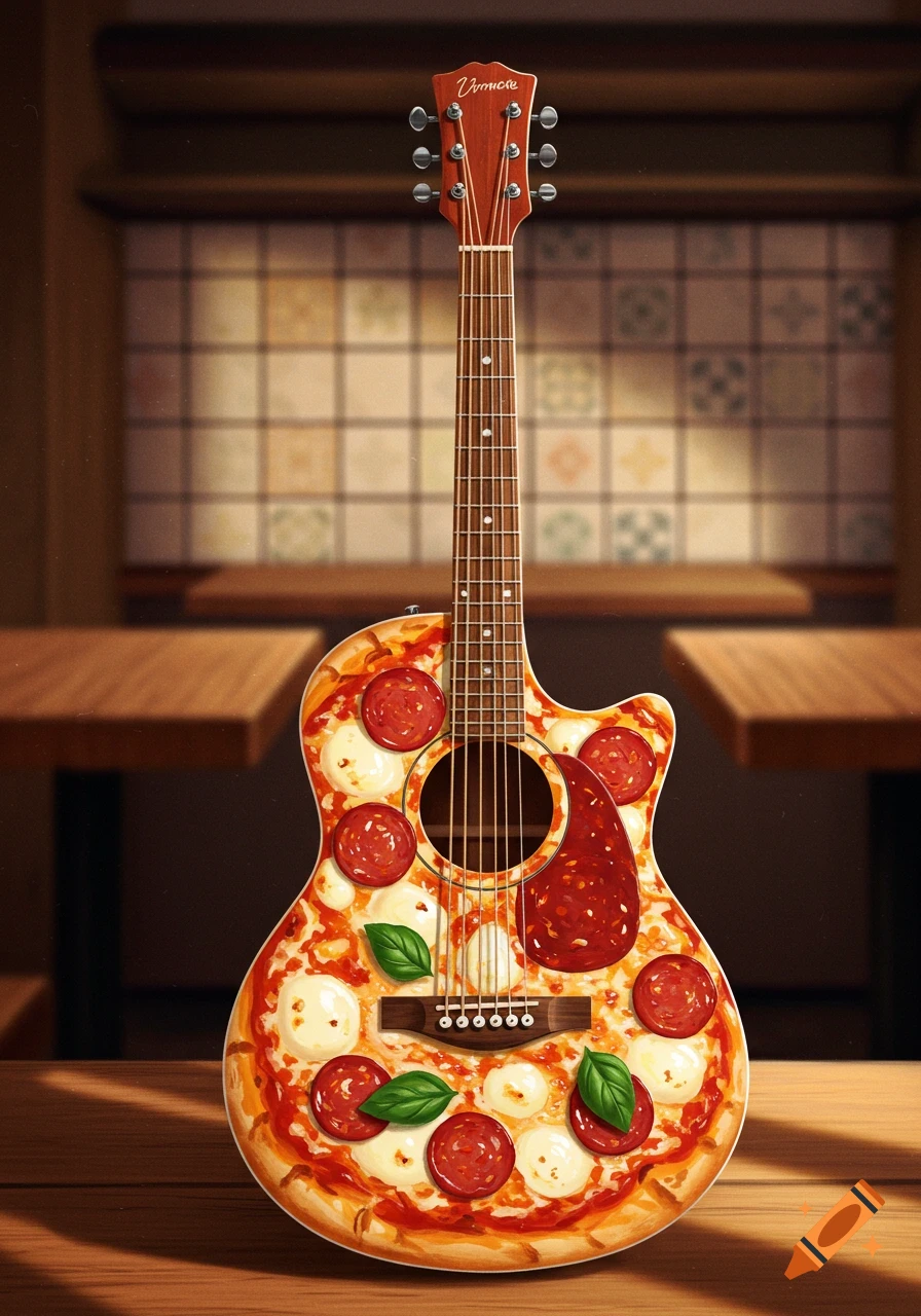 An acoustic guitar with a body designed like a pepperoni and mozzarella pizza, on a wooden table in a restaurant.