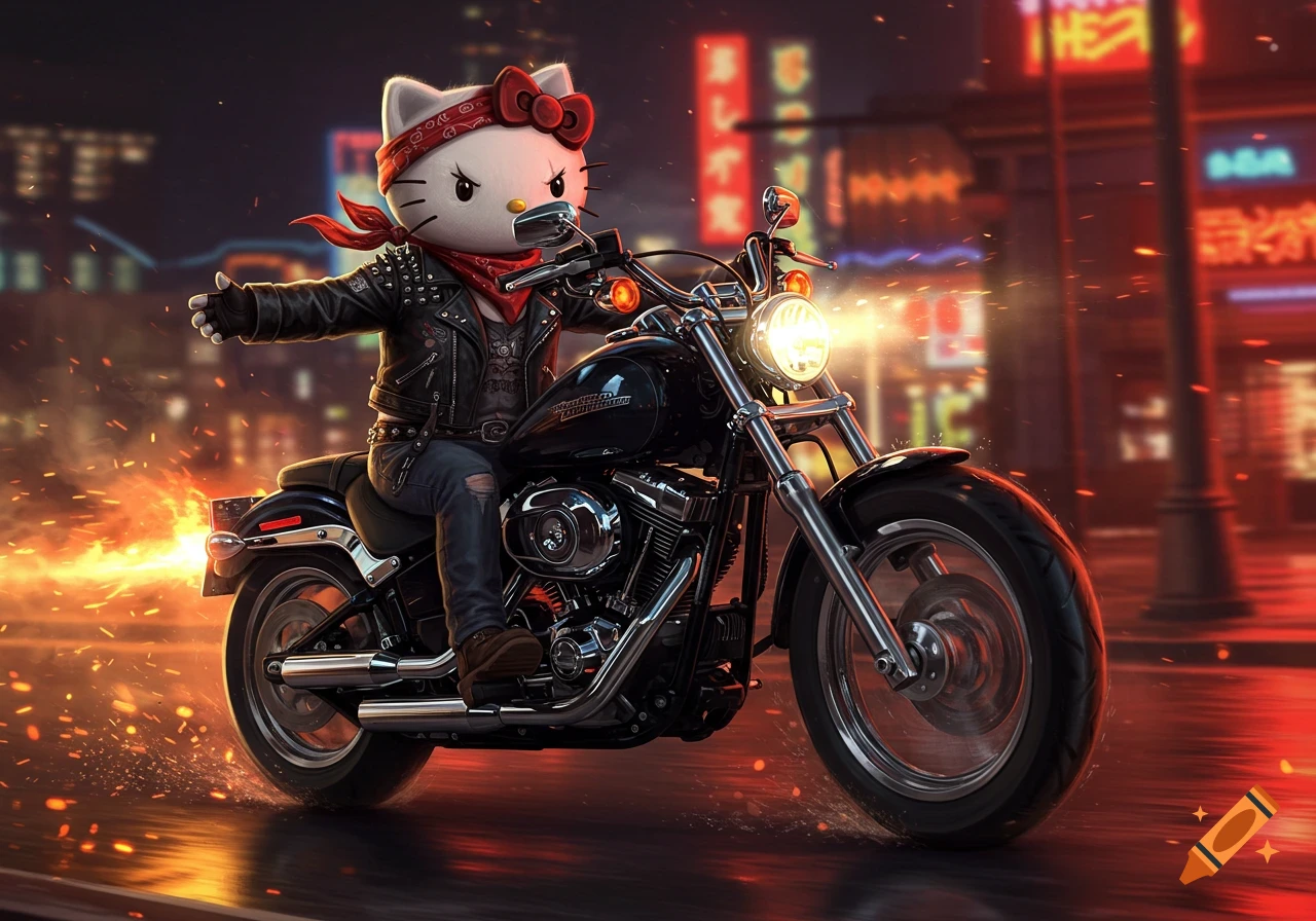 Hello Kitty, dressed as a fierce biker in a leather jacket and bandana, rides a chrome motorcycle through a neon-lit city street at night.