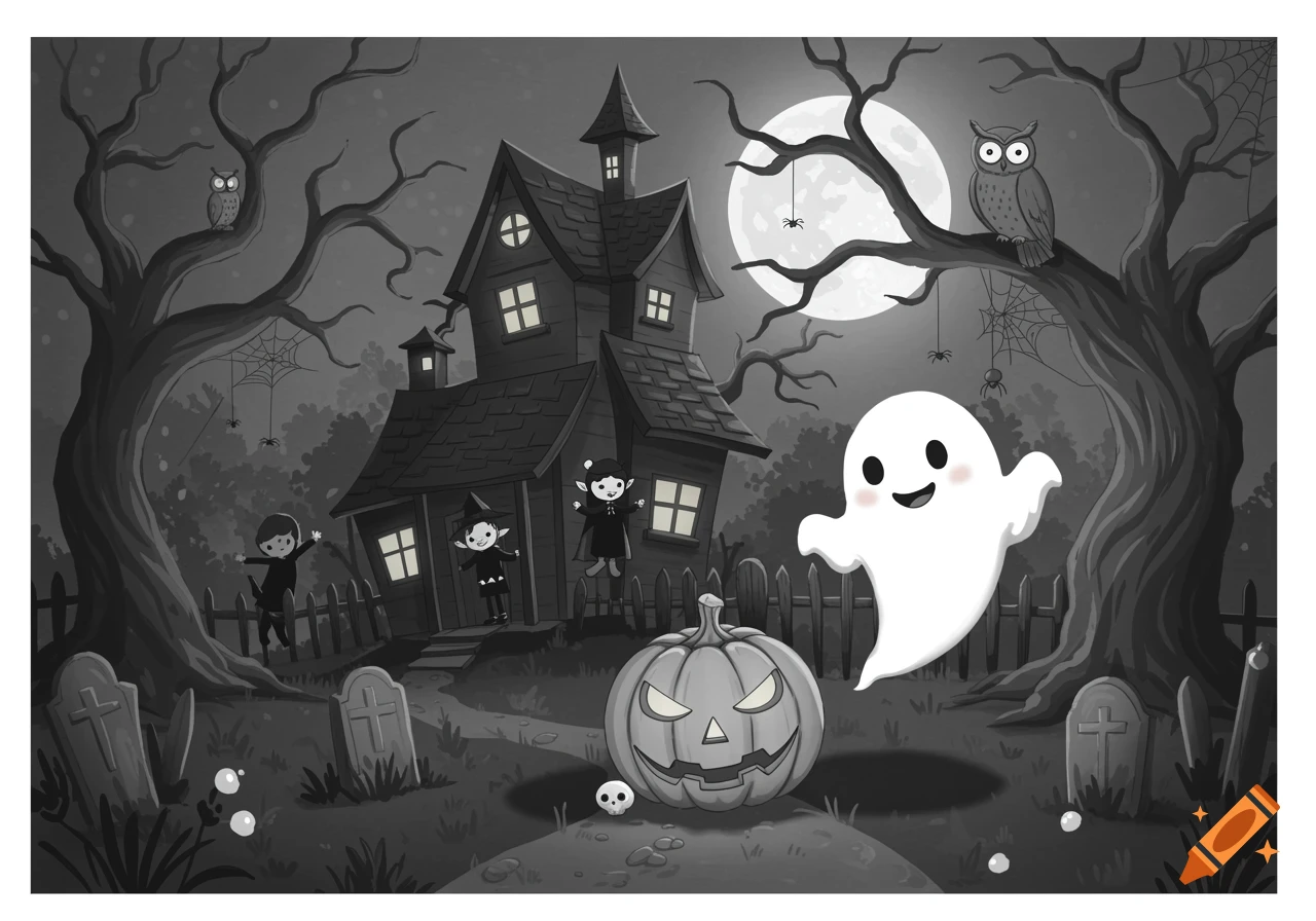 Black and white cartoon illustration of a spooky Halloween scene with a haunted house, a smiling ghost, costumed children, and a jack-o'-lantern.