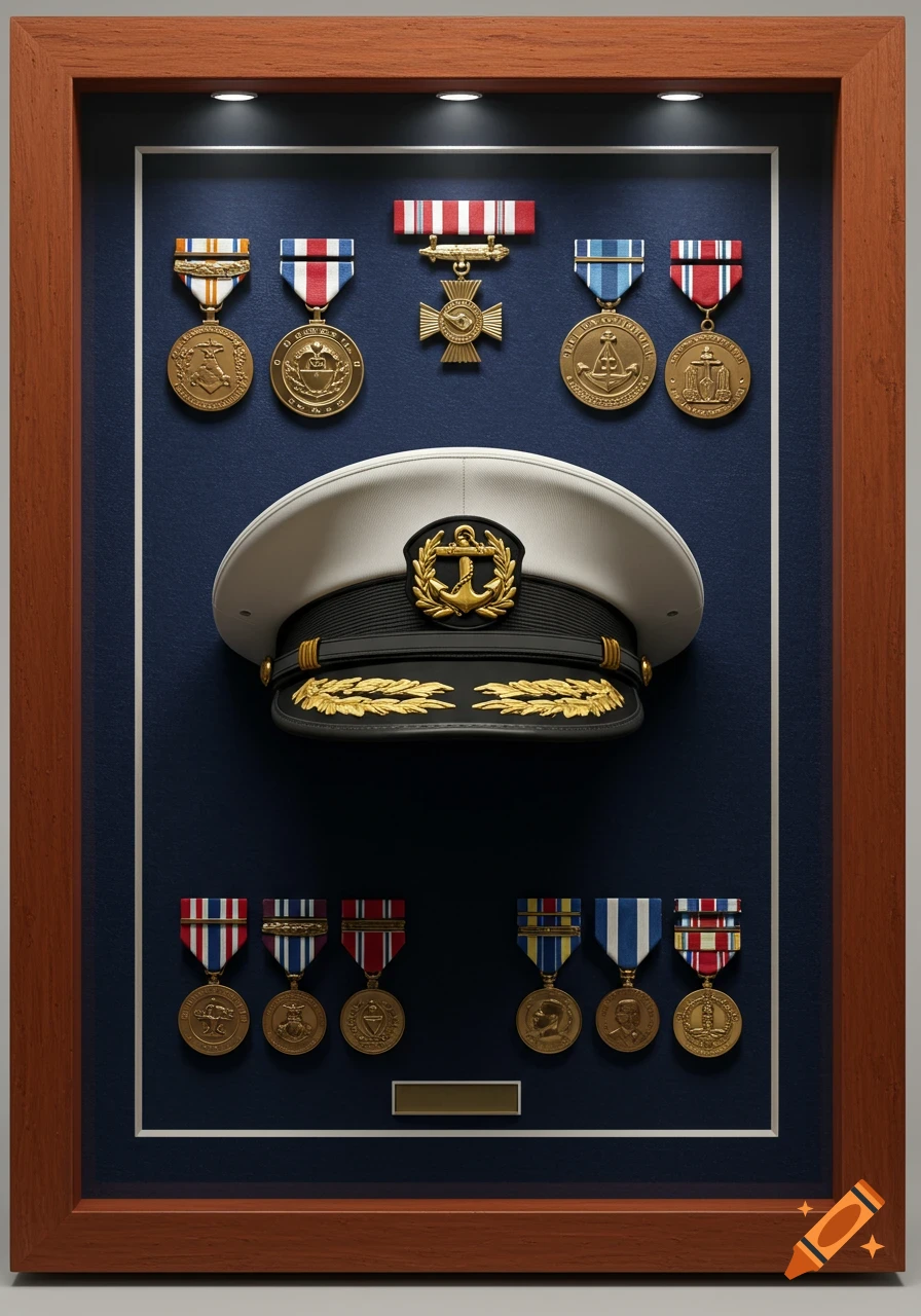 A photorealistic image of a US Navy shadow box displaying an officer's cap, ribbons, and medals on a dark blue background within a wooden frame, illuminated by spotlights.