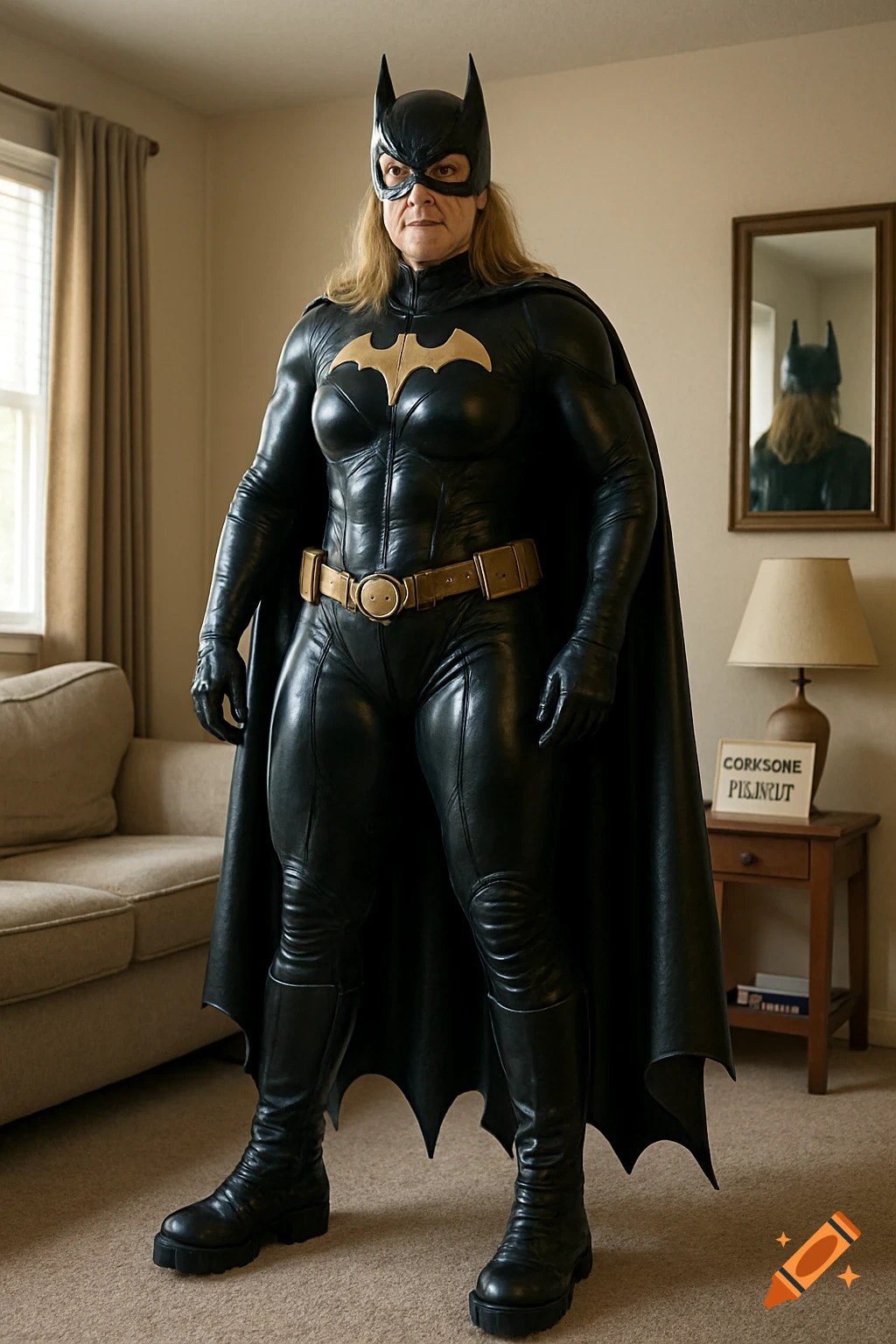 Photorealistic portrait of a woman in a black Batgirl costume and cape, standing in a living room.