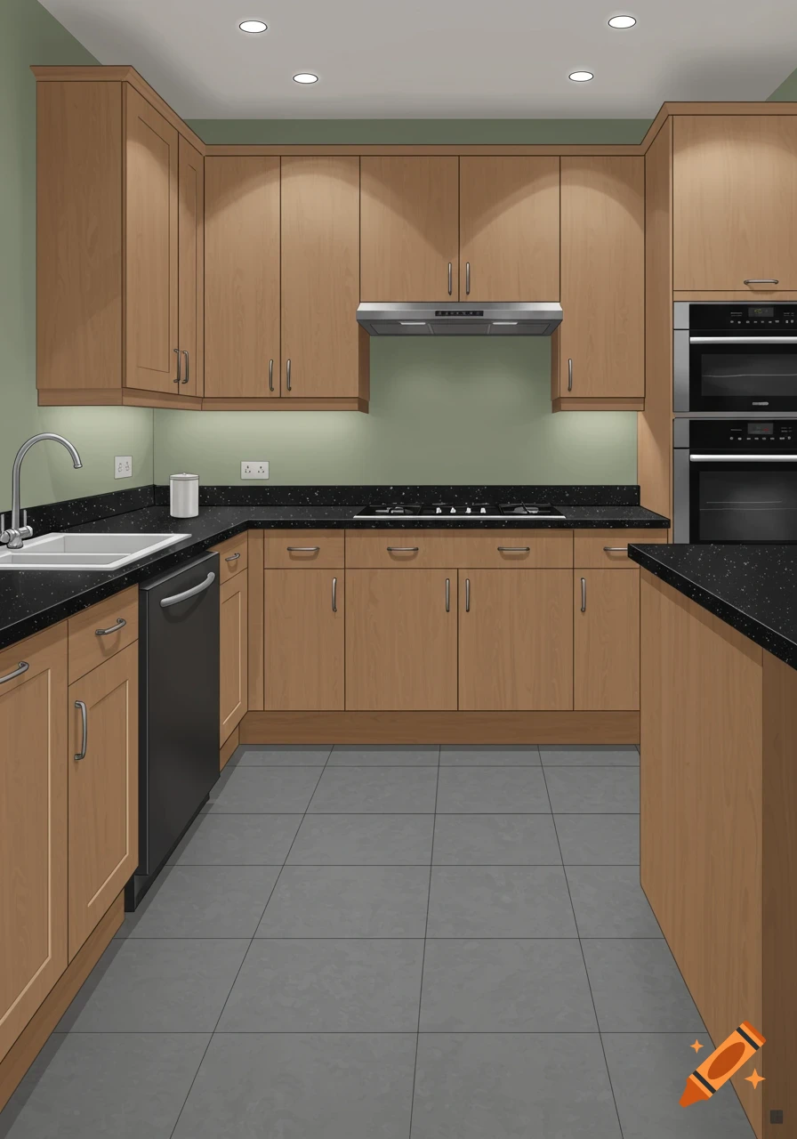 A modern kitchen with oak cabinets, black speckled countertops, black appliances, sage green walls, and a gray tiled floor.