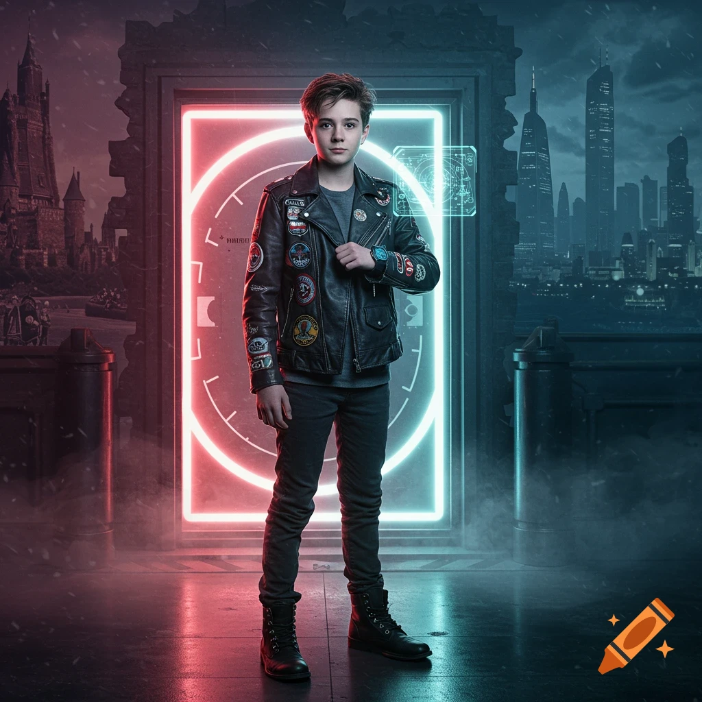 A young boy in a black leather jacket with patches and dark jeans stands in front of a glowing red and blue portal, with a medieval castle and a futuristic city in the background. Photorealistic style.