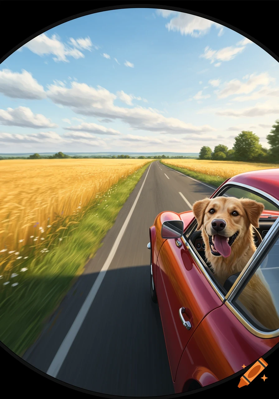 A happy golden retriever with its tongue out, looking out the window of a red car driving on a road through golden fields under a blue sky.
