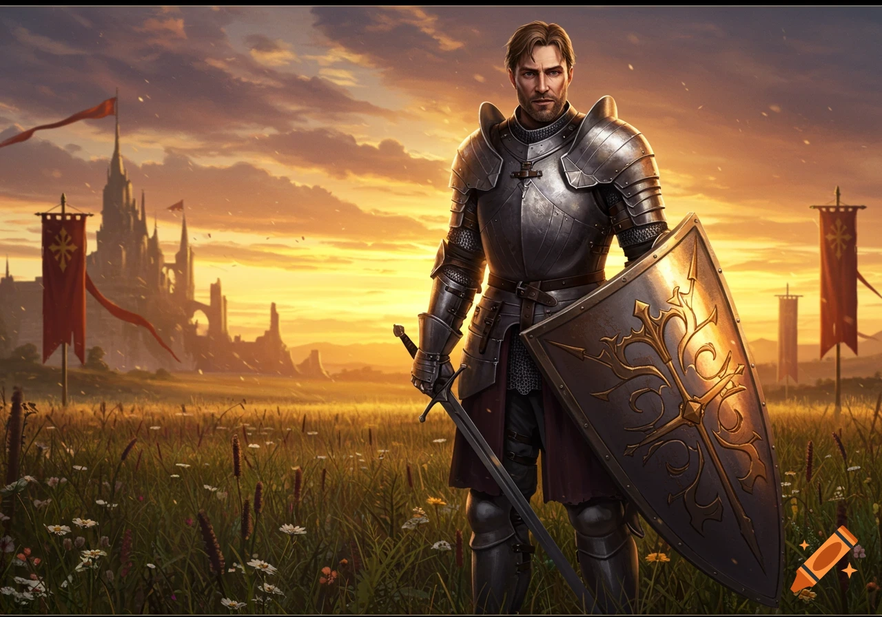 A knight in shining armor stands in a grassy field, holding a sword and an ornate shield, with a majestic castle and banners in the background at sunset.