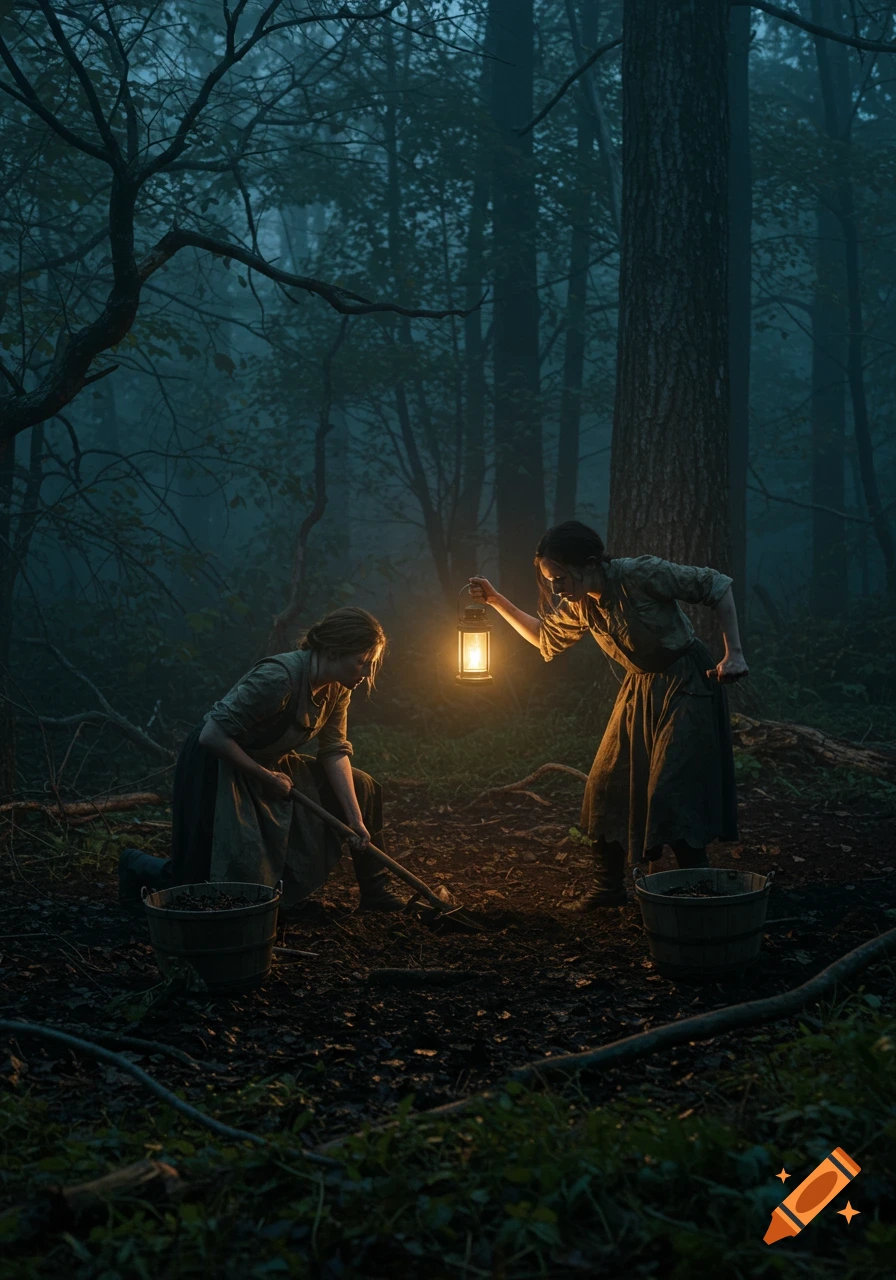 Two women in worn clothes dig by lantern light in a dark, misty forest at night.