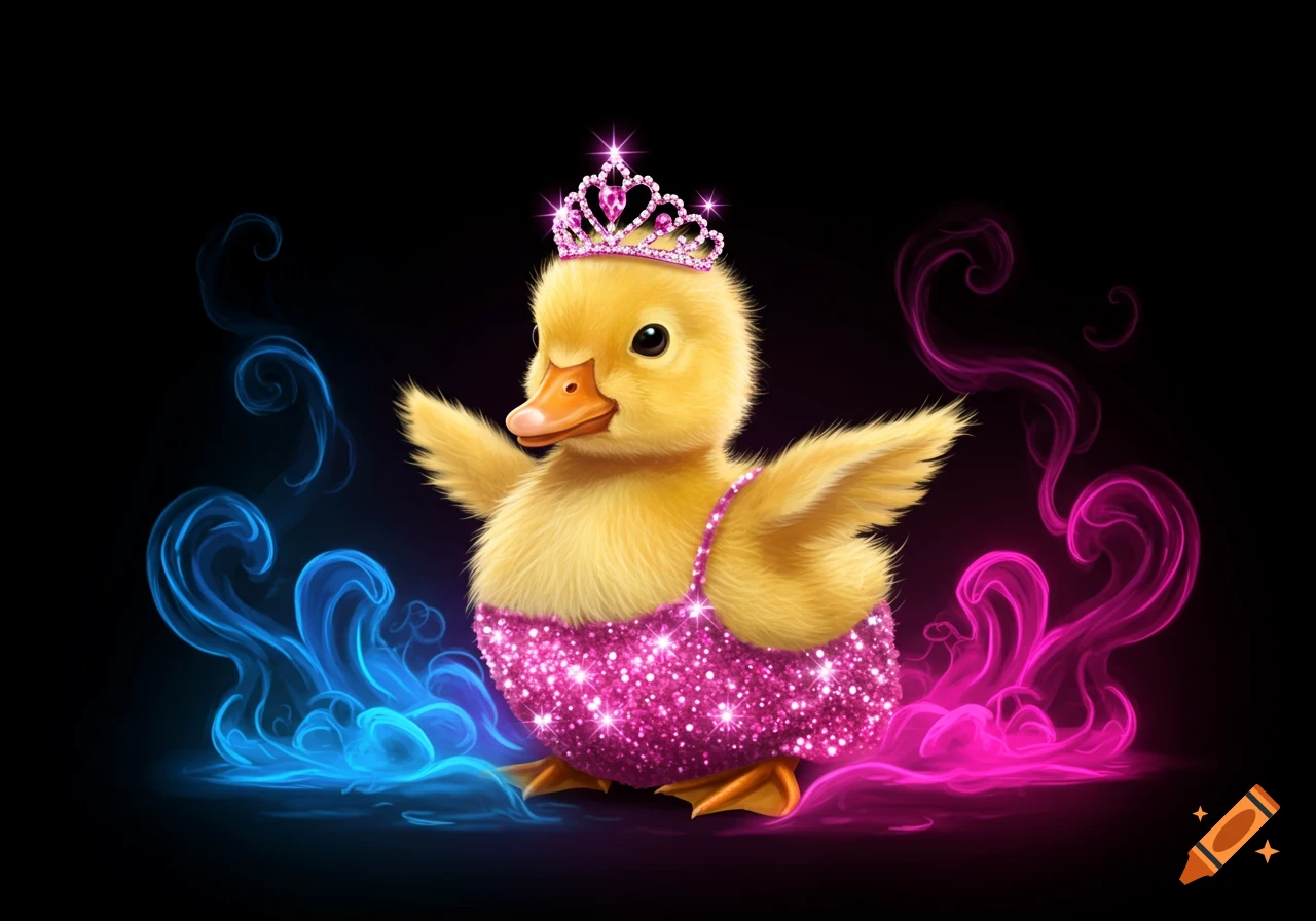 A cute baby duck wearing a pink sparkly dress and a tiara, surrounded by neon pink and blue smoke on a black background.