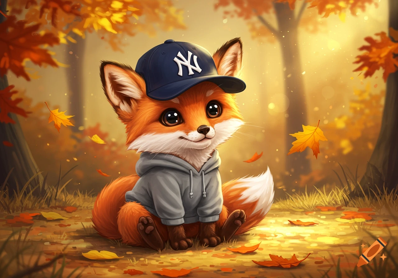 A cute, stylized fox wearing a grey hoodie and a navy blue New York Yankees baseball cap, sitting in an autumn forest with falling orange and yellow leaves.
