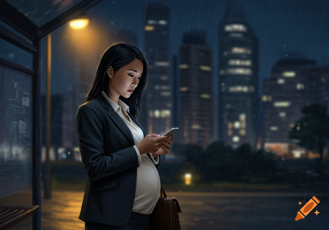 A pregnant Asian businesswoman stands at a rainy city bus stop at night, looking down at her phone.
