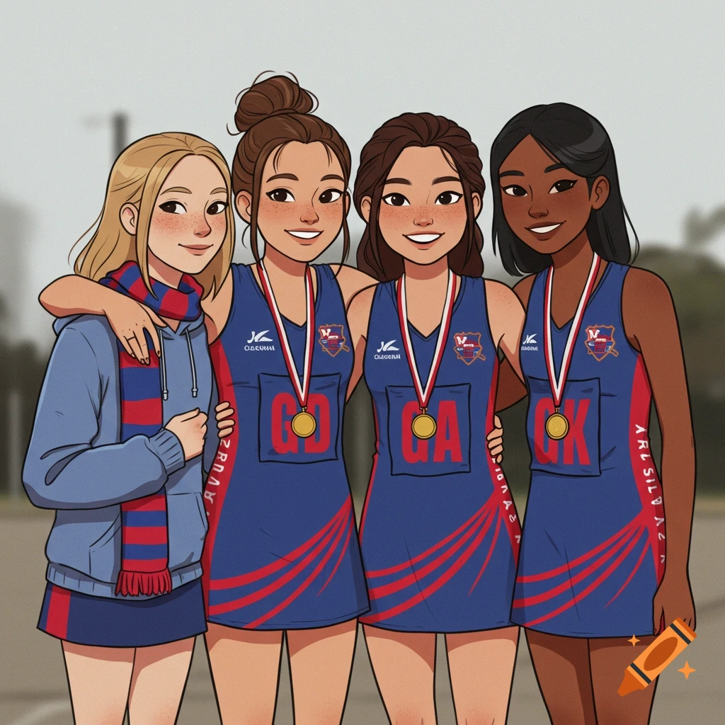 Four diverse cartoon girls smiling, three in blue and red netball dresses with medals, one in a blue hoodie and striped scarf, standing arm in arm.