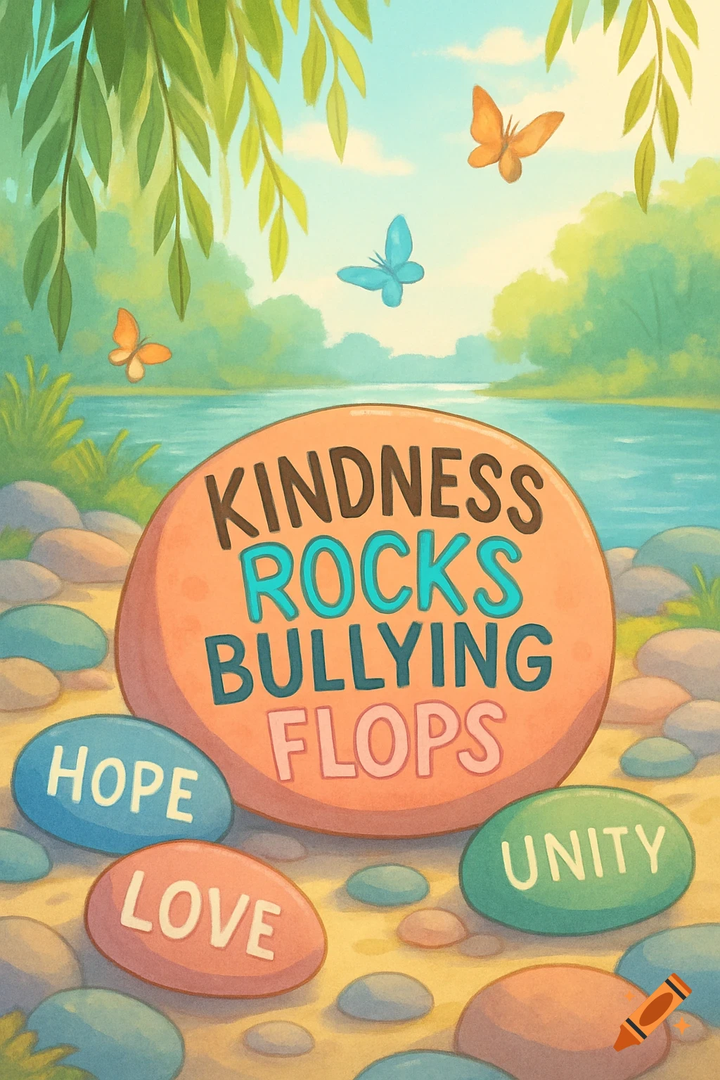 A colorful illustration of rocks with motivational words 'Kindness Rocks Bullying Flops', 'Hope', 'Love', 'Unity' by a river with butterflies.