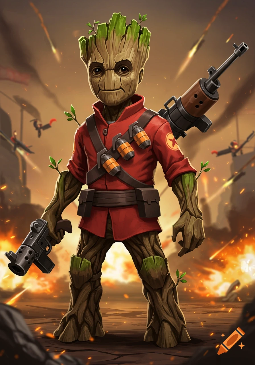 Baby Groot dressed as the Team Fortress 2 Soldier, holding a gun and grenades in a fiery, war-torn landscape.