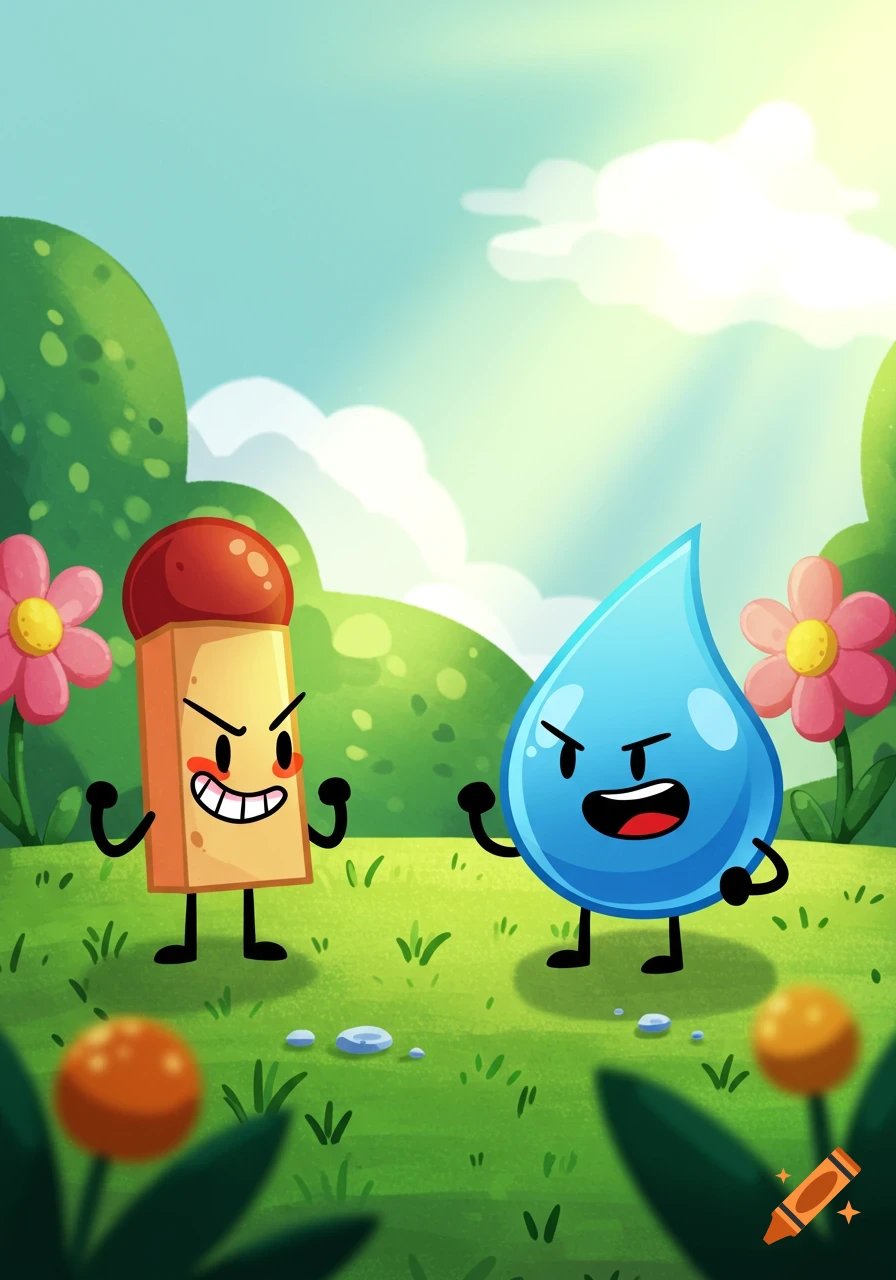 Cartoon matchstick and teardrop characters with angry expressions stand in a grassy landscape under a sunny blue sky.