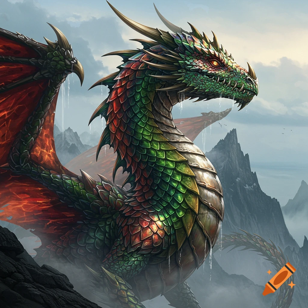 A majestic dragon with vibrant green, red, and copper scales and large red wings stands against a misty mountain background.