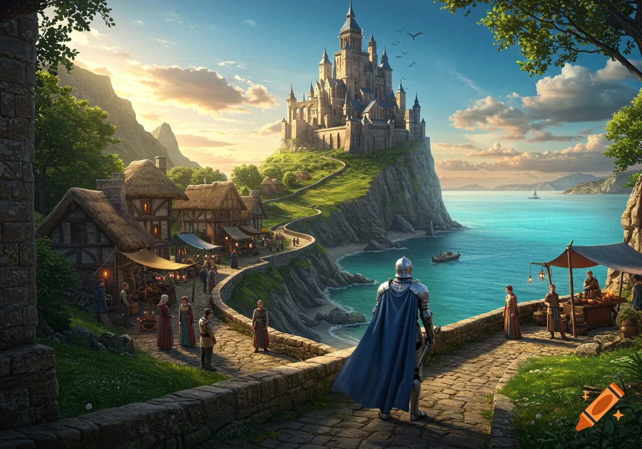 A knight overlooks a vibrant medieval village and grand castle on a cliff overlooking a turquoise sea at sunset, in a fantasy landscape.