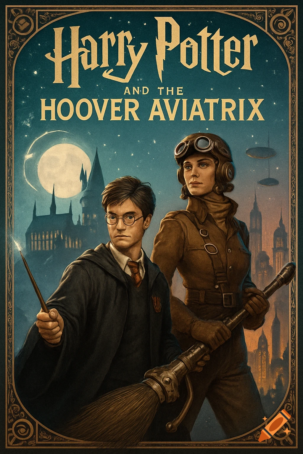 An illustrated book cover for 'Harry Potter and the Hoover Aviatrix' featuring Harry Potter and a female aviator with a broomstick, against a castle and city skyline at night.