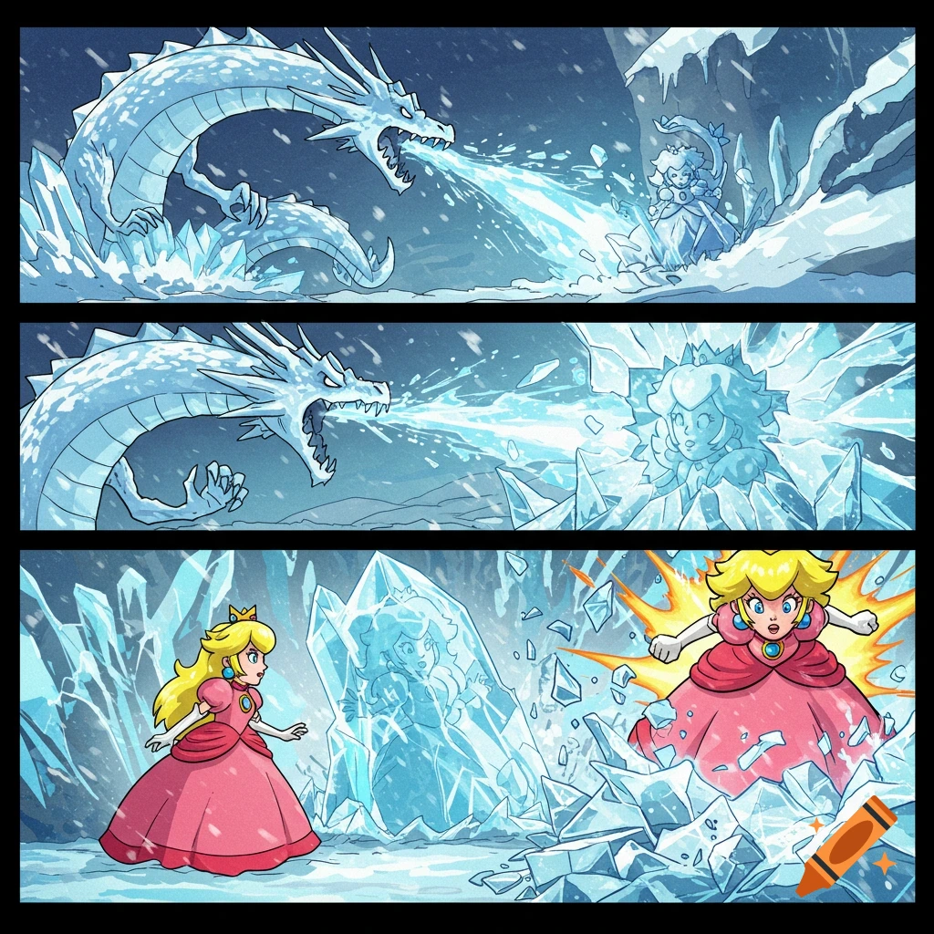 Three-panel comic of an ice dragon freezing Princess Peach in an icy cavern, followed by Peach breaking free.
