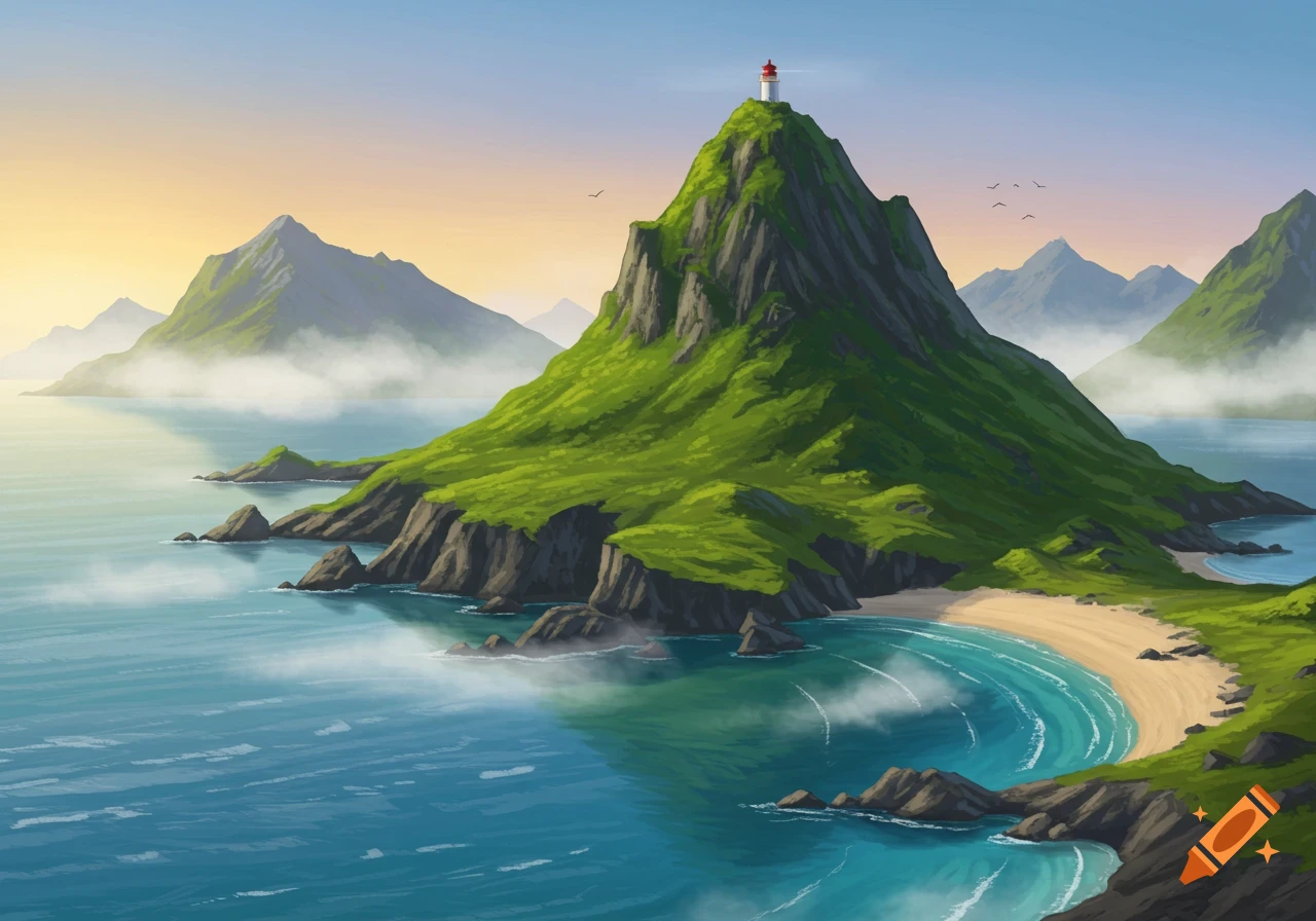 A vibrant, illustrated landscape featuring a lush green mountain topped with a lighthouse, surrounded by blue sea and distant misty mountains.
