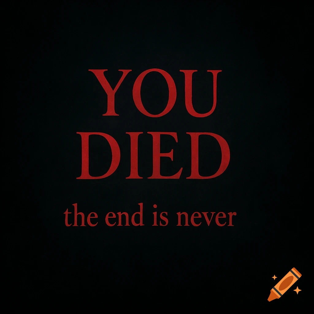 Red text "YOU DIED" above "the end is never" on a black background, in a video game style.