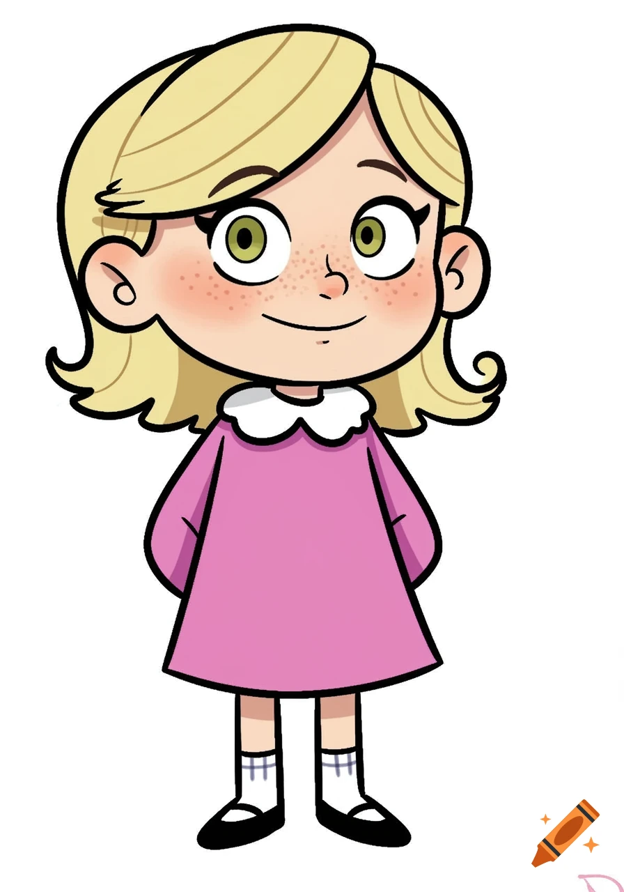 A cartoon girl with blonde hair, green eyes, and freckles, wearing a pink dress, white collar, and black shoes, standing and smiling.