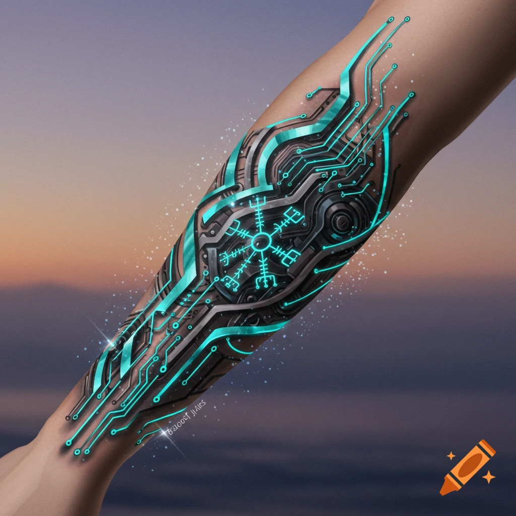 A detailed cybersigilism tattoo featuring glowing teal circuit board lines and a runic symbol on an arm, set against a blurred sunset background.