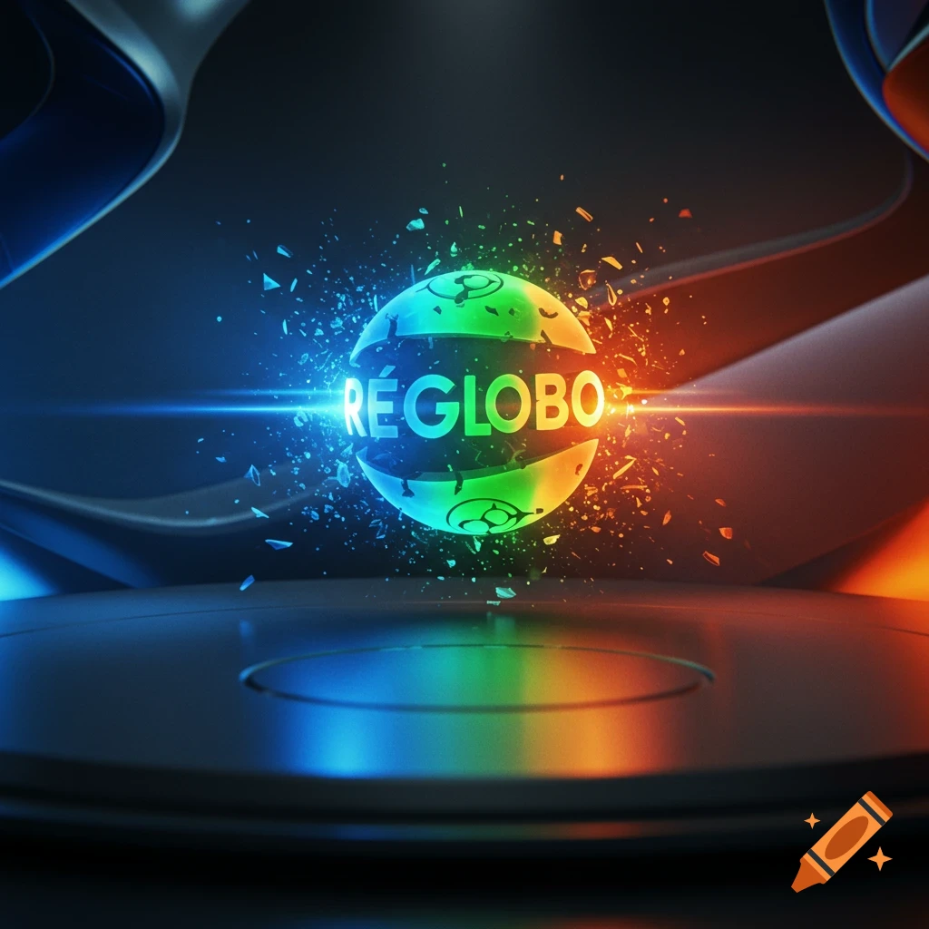 A glowing blue and orange orb with 'R Mé GLOBO' text shattering, surrounded by dark, futuristic metallic structures with vibrant light effects.