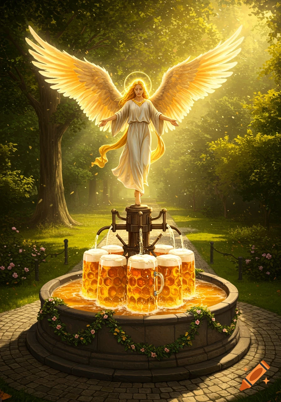 A majestic winged angel stands atop a beer fountain in a sunlit, lush green garden, with steins overflowing with frothy beer.