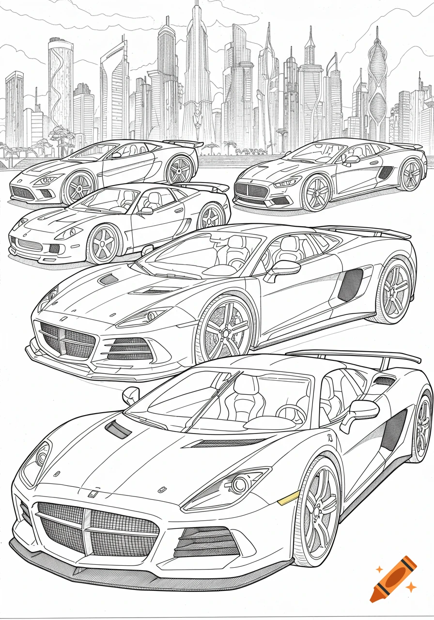 Black and white line art of several supercars parked in front of a futuristic cityscape, designed for coloring.