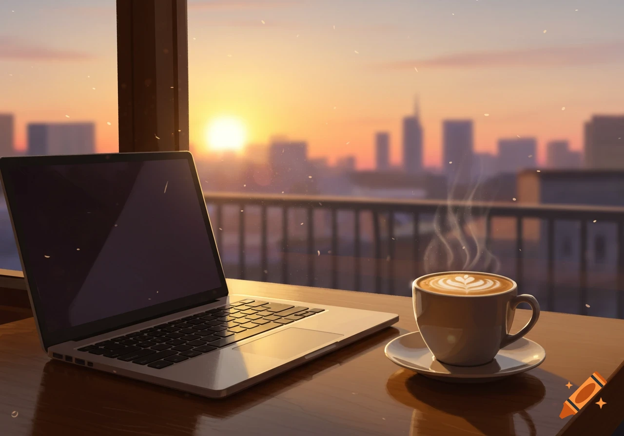 Digital art of a laptop and coffee cup on a table overlooking a city skyline at sunset.