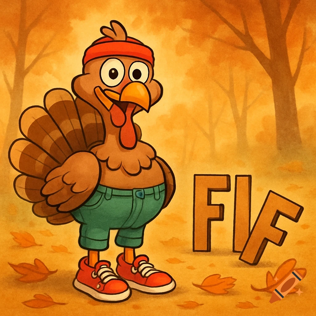 Cartoon turkey in jeans, a red headband, and sneakers stands in an autumn forest with falling leaves and the letters 'FIF' on the ground.