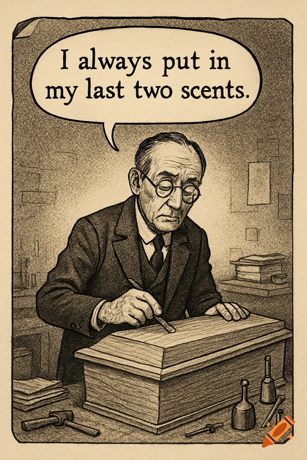 A vintage comic strip illustration of an undertaker working on a coffin, with a speech bubble saying, "I always put in my last two scents."