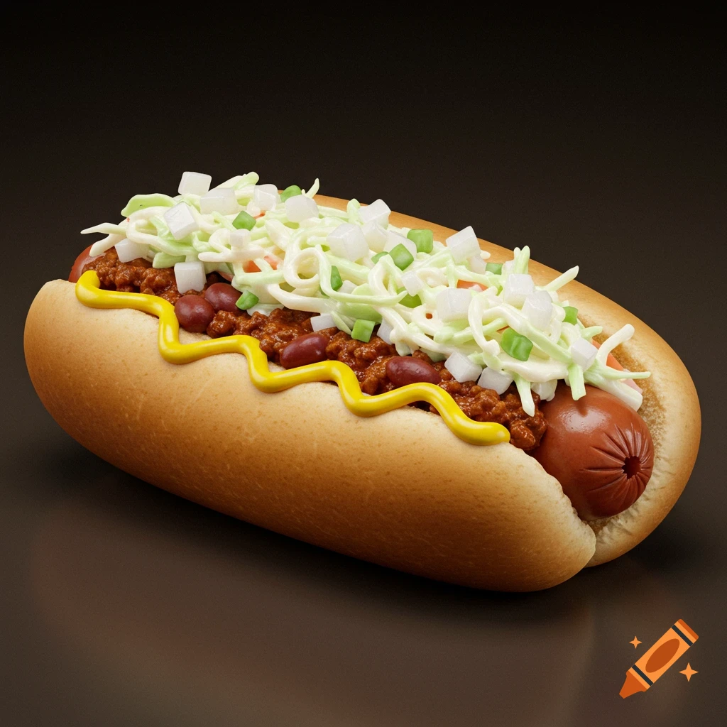 A detailed, close-up shot of a photorealistic hot dog topped with mustard, chili, beans, creamy coleslaw, and chopped onions, against a dark background.