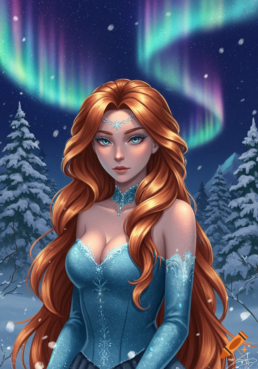 An anime girl with long copper hair and blue eyes, wearing a blue, ice-themed dress, stands in a snowy forest under the aurora borealis.