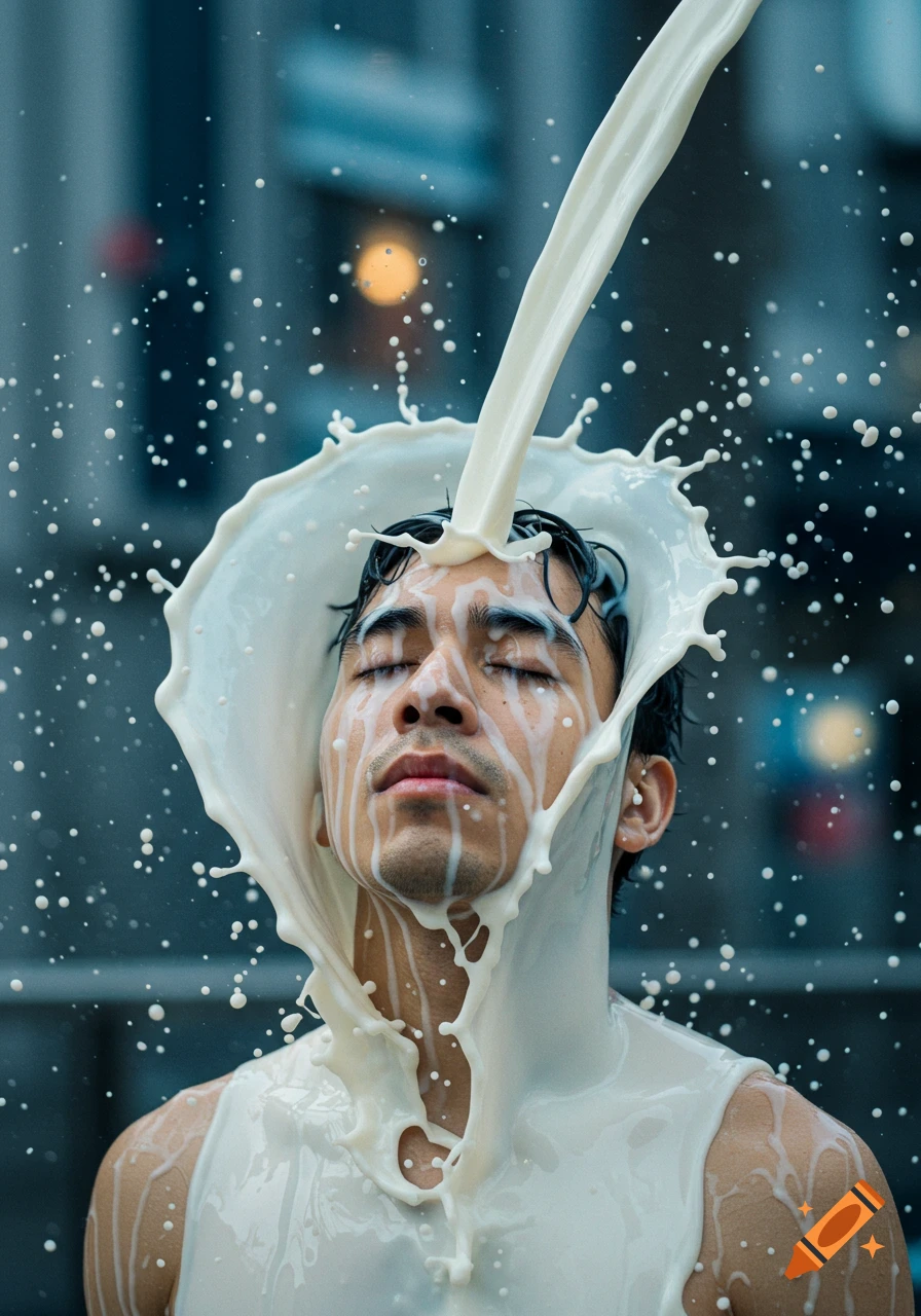 Photorealistic portrait of a man with closed eyes as milk is poured over his head, creating a dramatic splash.
