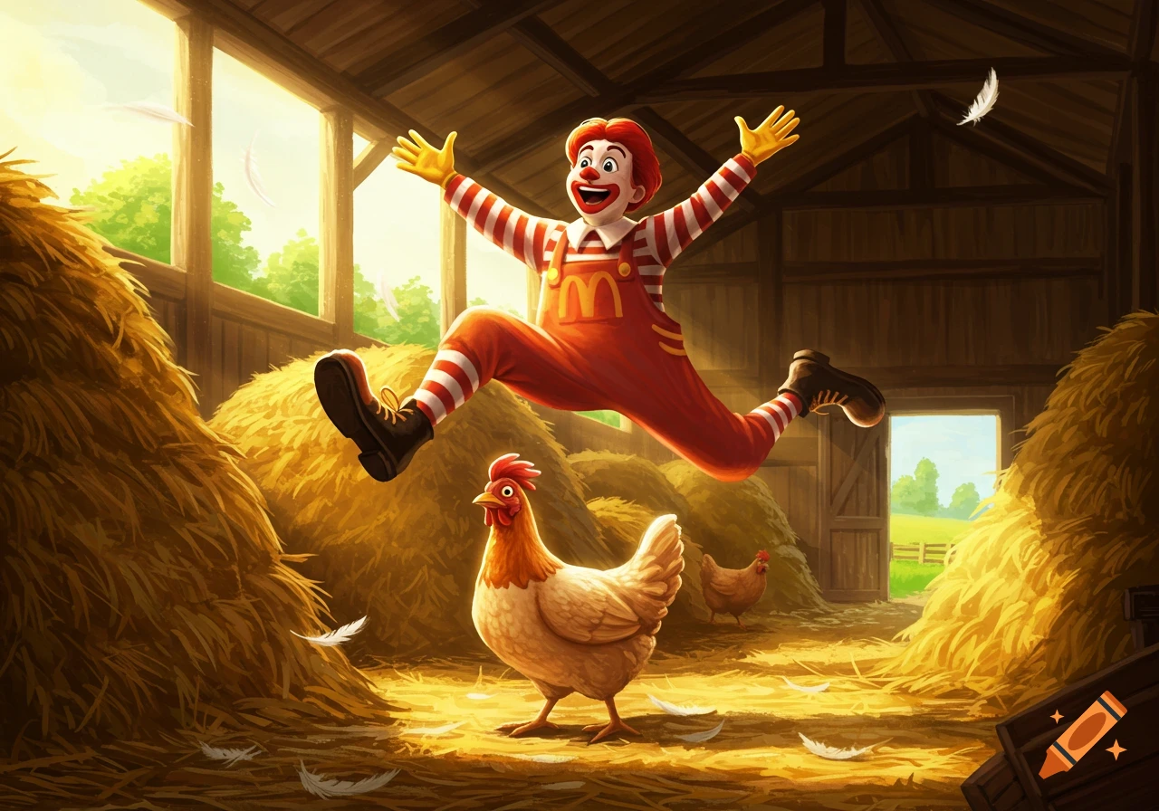 A joyful Ronald McDonald in a barn, jumping exuberantly over a chicken on a bed of hay. Cartoon style.