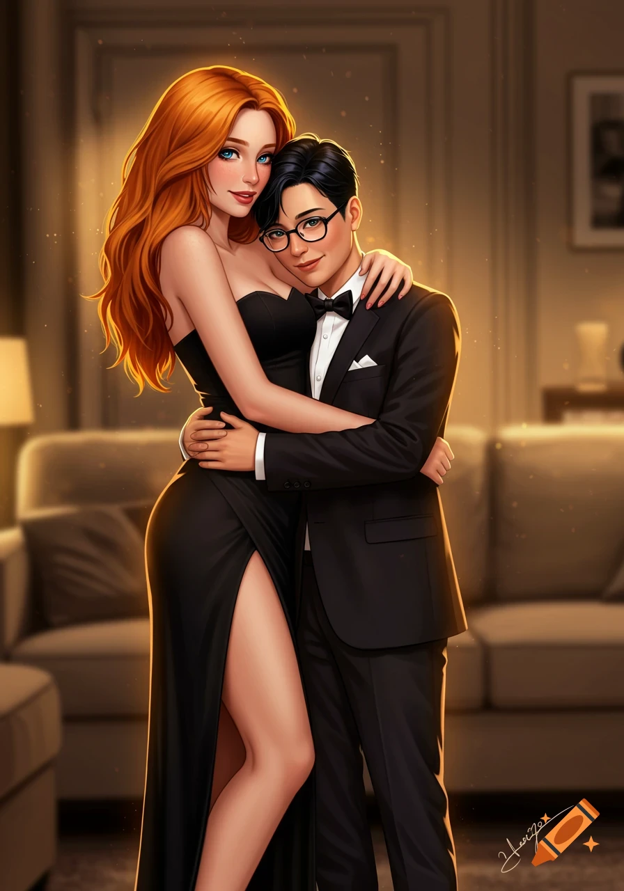 A smiling redhead woman in a black strapless gown with a leg slit embraces a shorter, bespectacled man in a tuxedo, in a warm, elegant room.