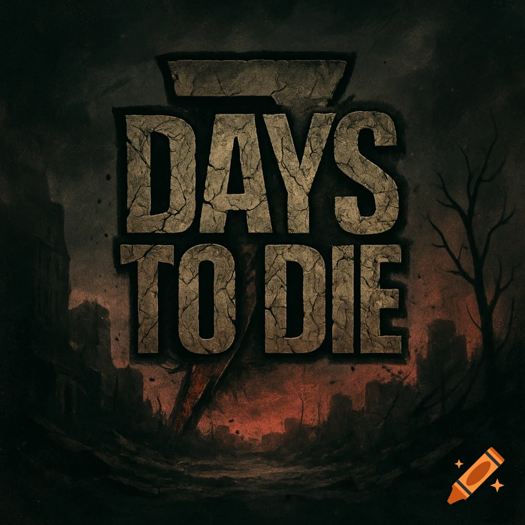 Dark grunge logo for '7 DAYS TO DIE' with cracked text over an apocalyptic cityscape.