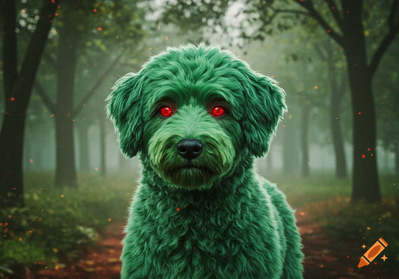 A green dog with bright red glowing eyes stares forward in a misty forest.