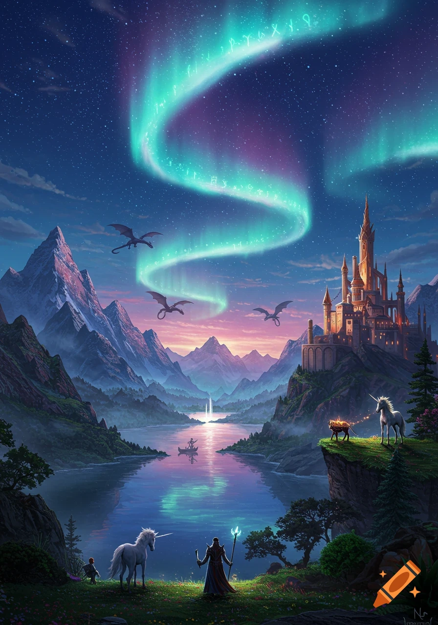 A vibrant fantasy landscape at dusk with a wizard, unicorns, dragons, a castle, and a magical aurora borealis with glowing runes.