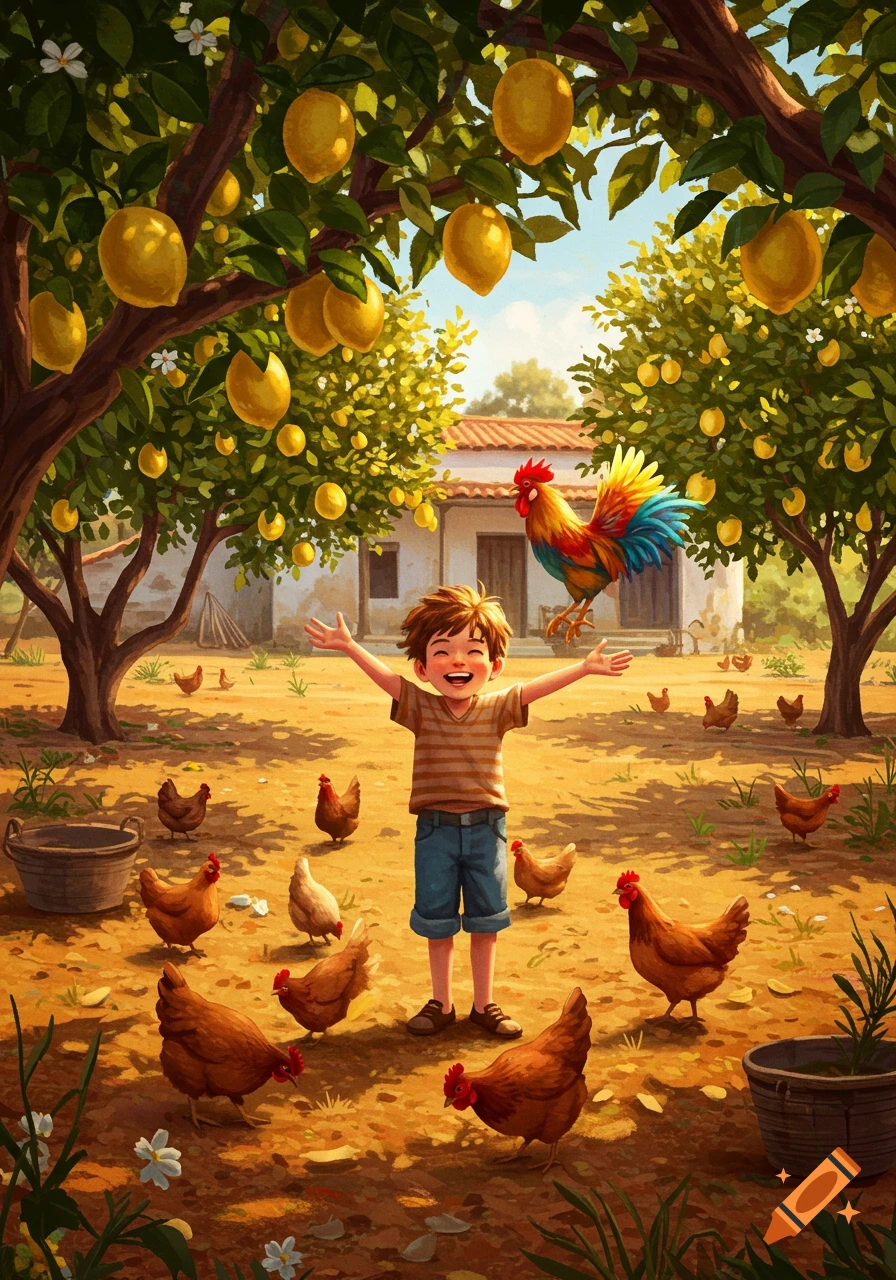 Happy child with outstretched arms stands among chickens and a rooster in a sunny farmyard under lemon trees, with a village house. Illustration.