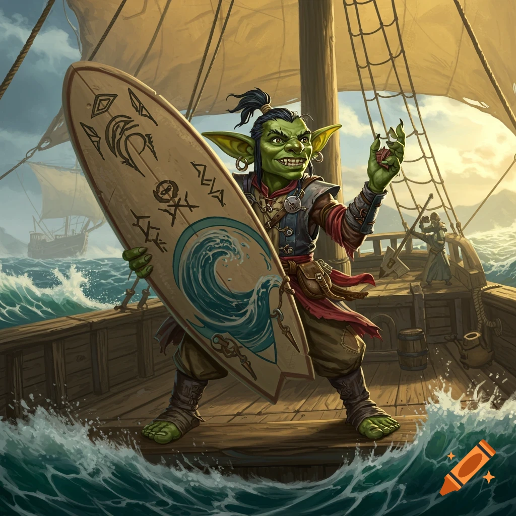 A grinning green goblin stands on a ship deck, holding a decorated surfboard like a shield. Rough seas and another ship are in the background.