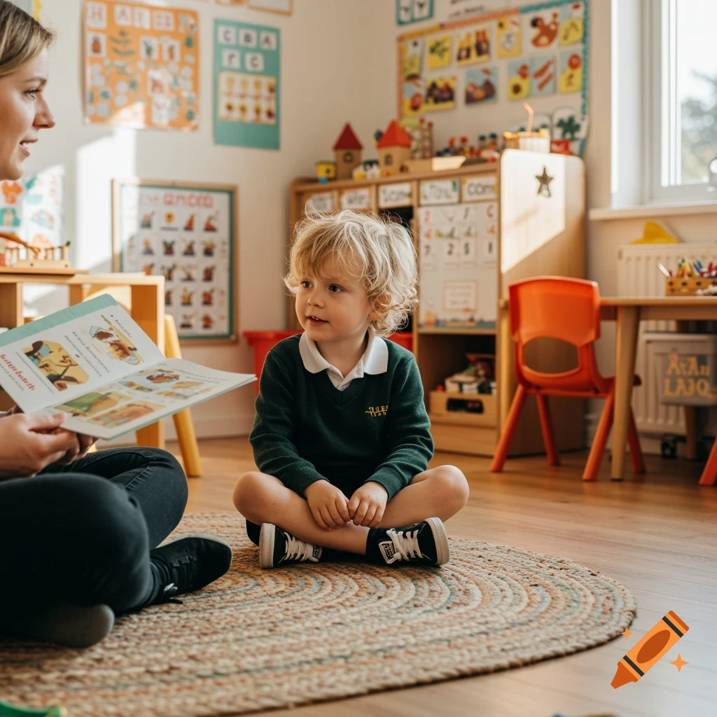 A blonde-haired little boy in a green sweater sits on a rug, listening intently as a teacher reads a book to him in a brightly lit classroom.
