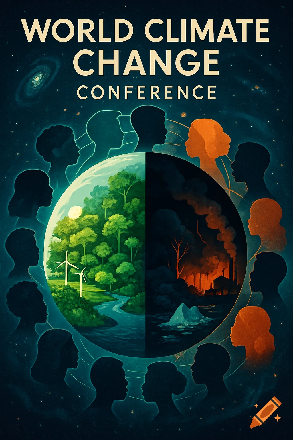 Poster for a climate change conference, featuring a planet split between green nature and industrial pollution, surrounded by human silhouettes.