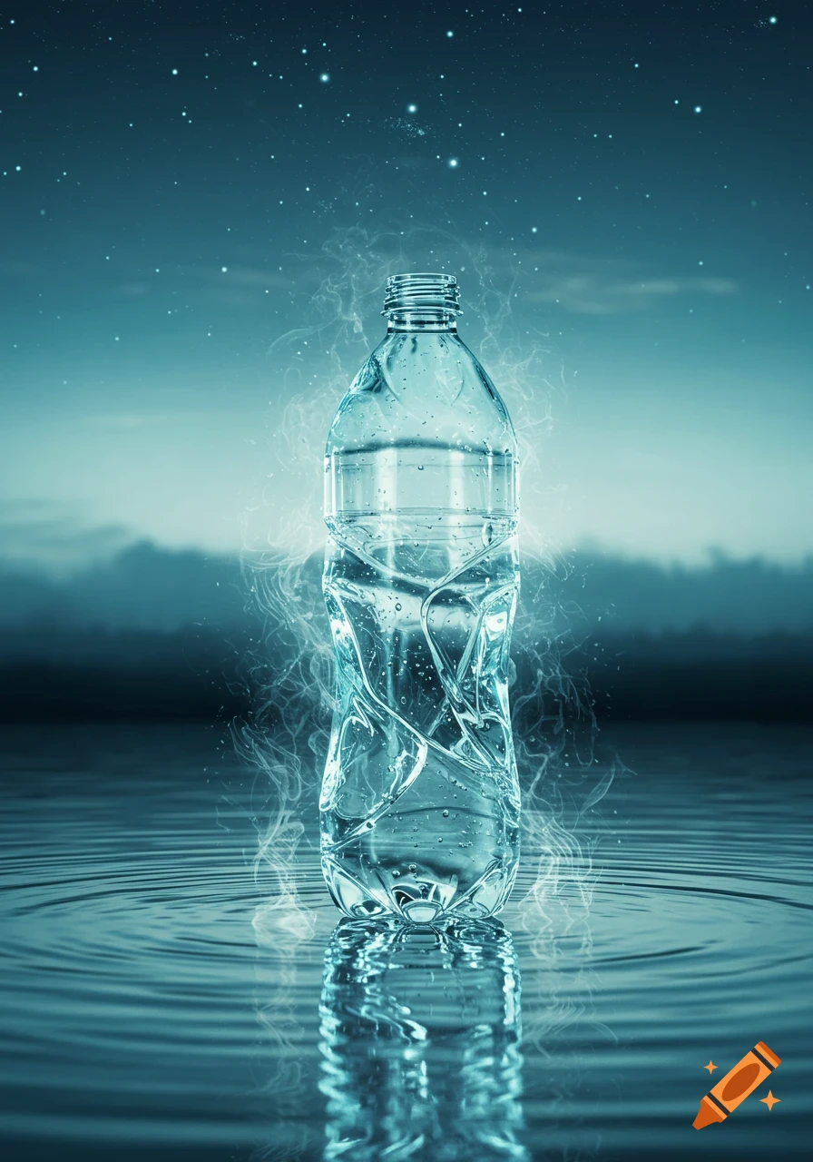 A glowing, crinkled water bottle stands in rippling water against a dark blue, starry sky, surrounded by mist.