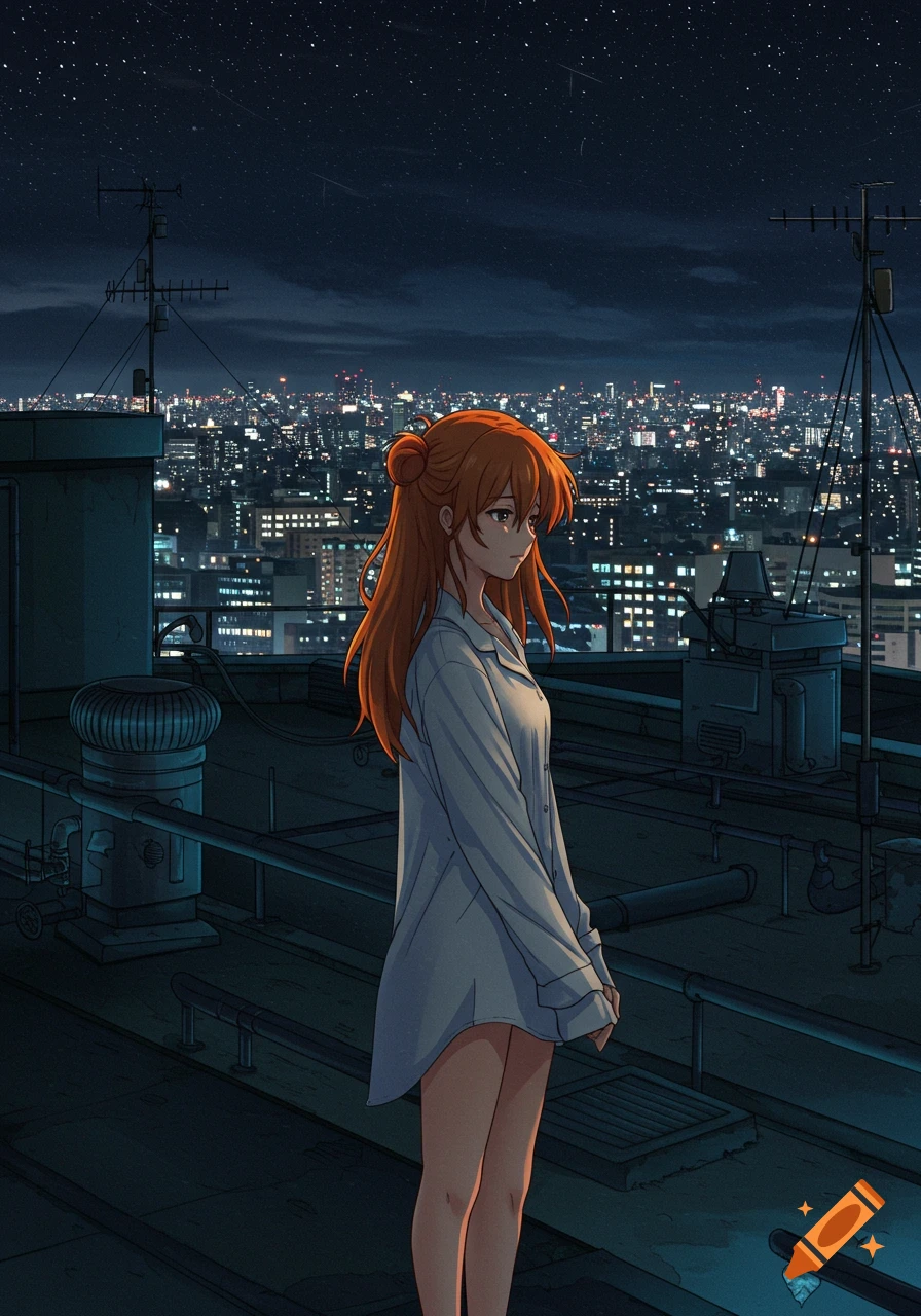 Anime girl in a white shirt, with orange hair in a bun, looking sadly over a city skyline from a rooftop at night under a starry sky.