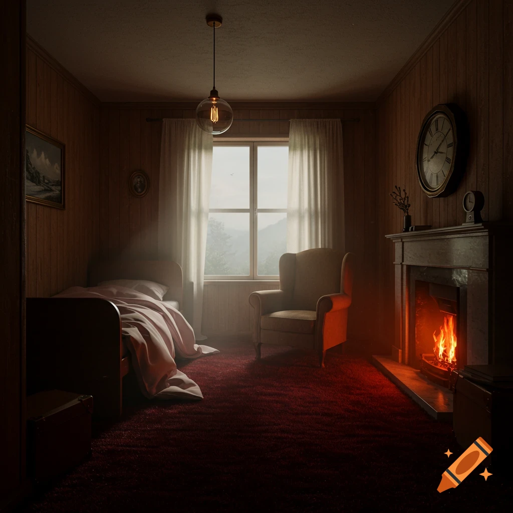 A dimly lit, photorealistic bedroom with wooden walls and red carpet. It features a bed, armchair, window, and a fireplace with a burning fire.
