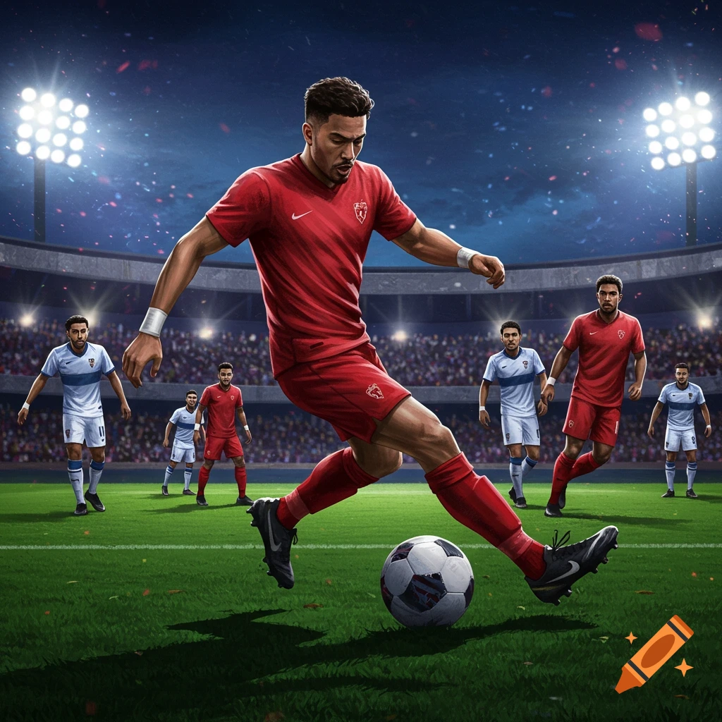 Digital art of a male football player in a red jersey dribbling a soccer ball on a field in a stadium at night with other players.
