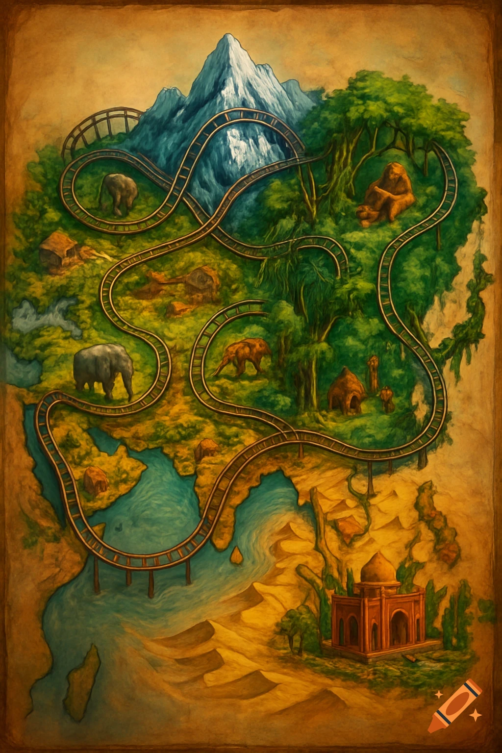 A stylized, painterly map of Asia featuring a rollercoaster winding through mountains, rainforests, and deserts with elephants, an ape, and a temple.