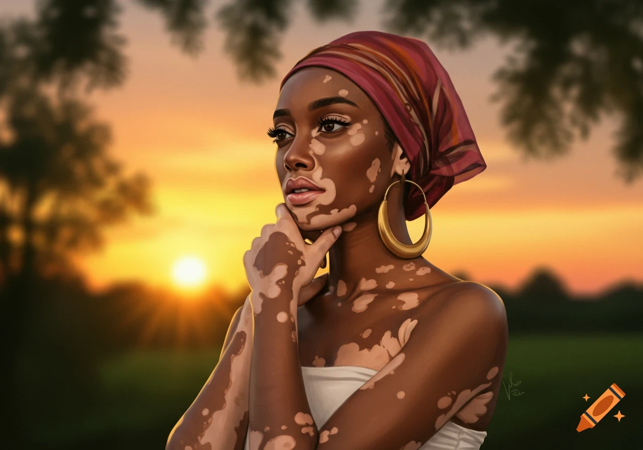 Digital painting of a woman with vitiligo wearing a headscarf and large hoop earrings, against a vibrant sunset background.