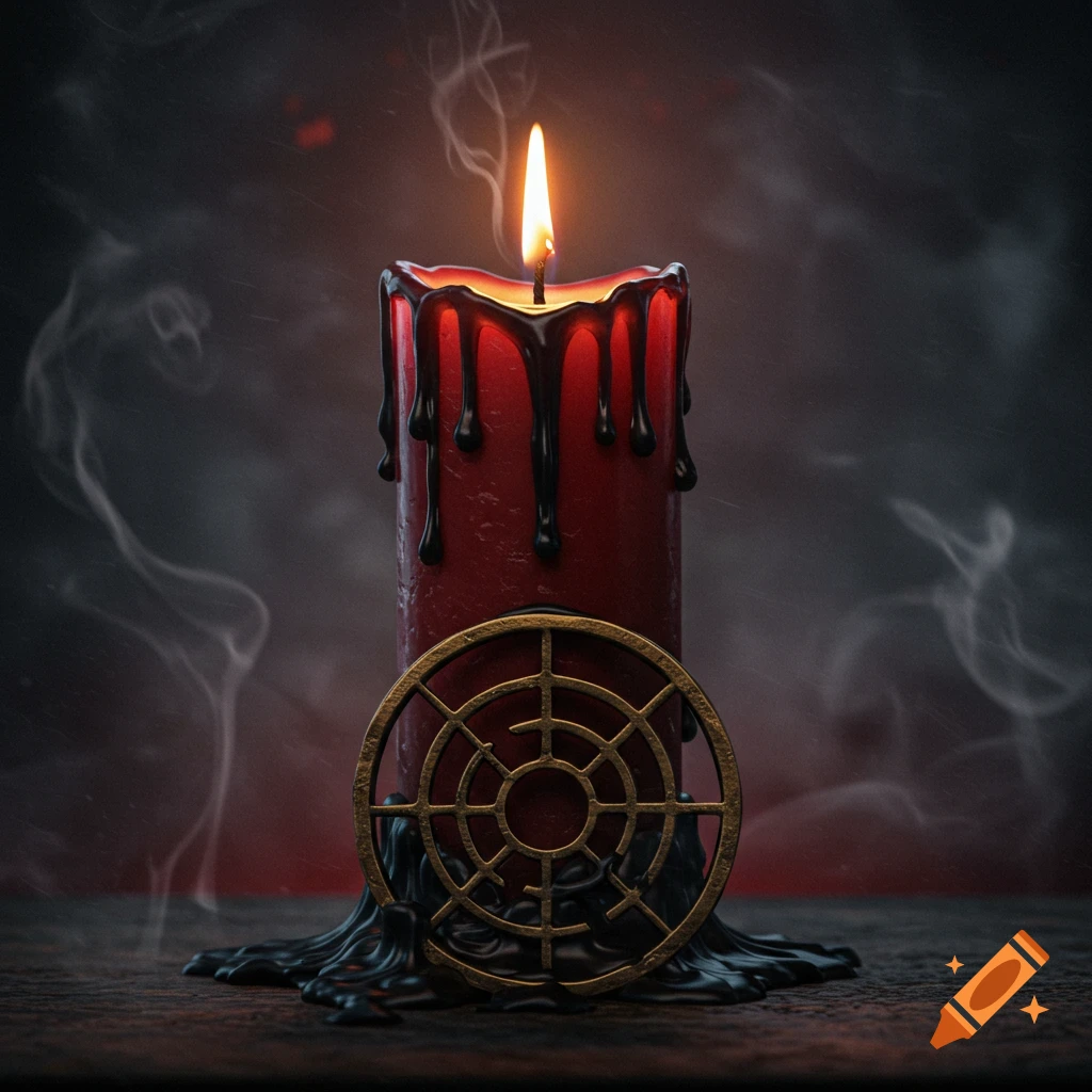 A tall red ritual candle with black wax drips, a golden flame, and an intricate golden symbol at its base, in a dark, smoky, mystical setting.